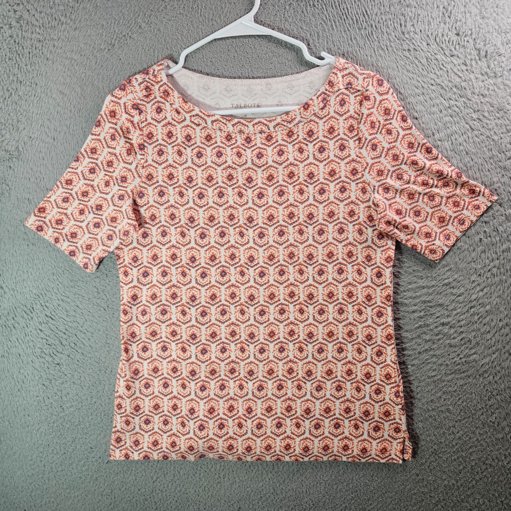 Talbots Tee Top Women Medium Geometric Short Sleeve Orange White